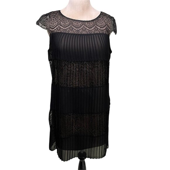 Max and Cleo Sabrina Lace Cutout Dress sz L Black Pleated Cap Sleeves Boatneck - Picture 2 of 10